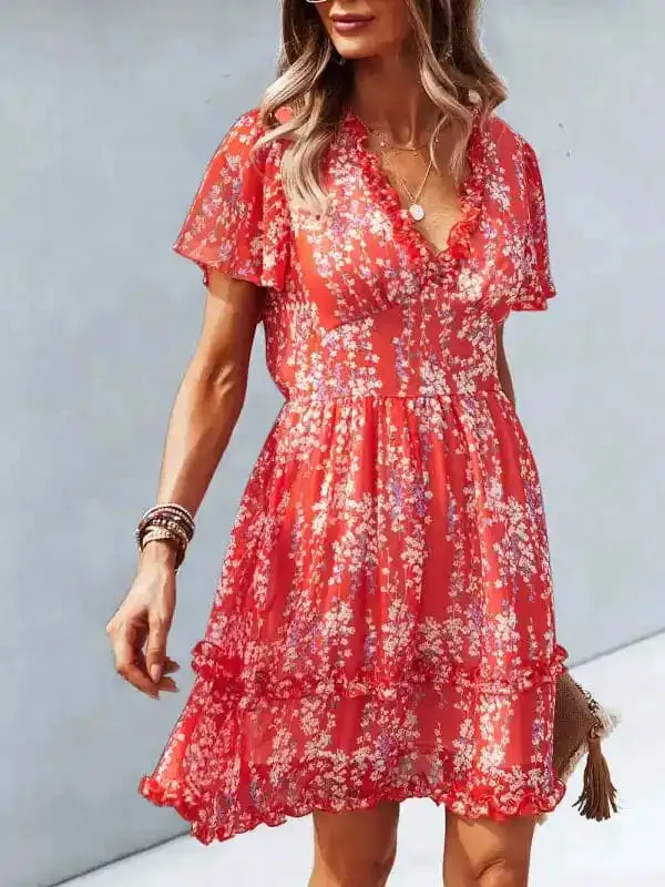 Women’s Floral Print Flutter Sleeve Faux Wrap Mini Dress