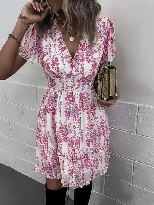 Women’s Floral Print Flutter Sleeve Faux Wrap Mini Dress