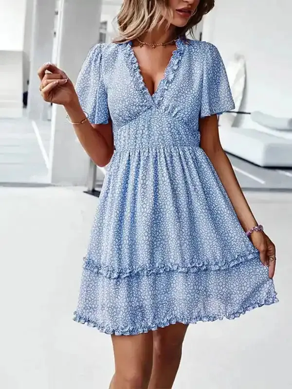 Women’s Floral Print Flutter Sleeve Faux Wrap Mini Dress