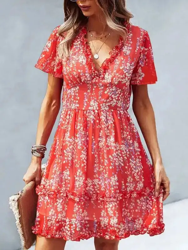 Women’s Floral Print Flutter Sleeve Faux Wrap Mini Dress