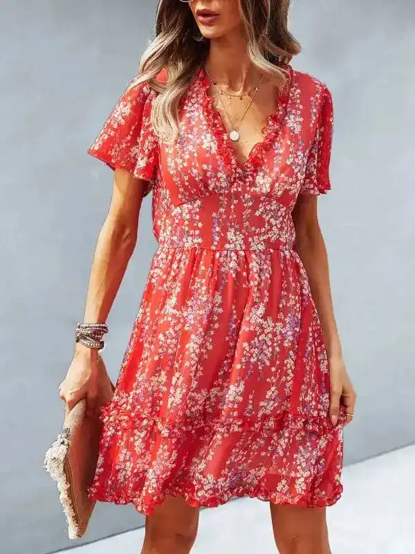 Women’s Floral Print Flutter Sleeve Faux Wrap Mini Dress