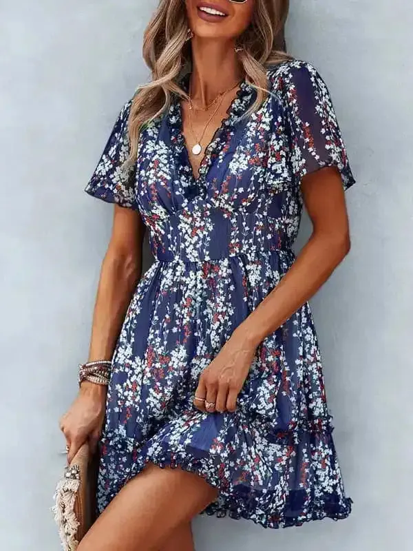 Women’s Floral Print Flutter Sleeve Faux Wrap Mini Dress