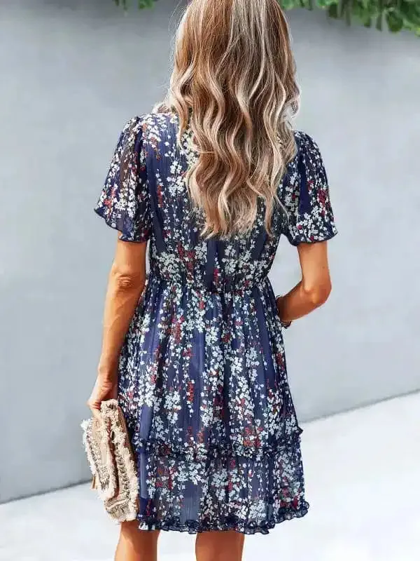 Women’s Floral Print Flutter Sleeve Faux Wrap Mini Dress