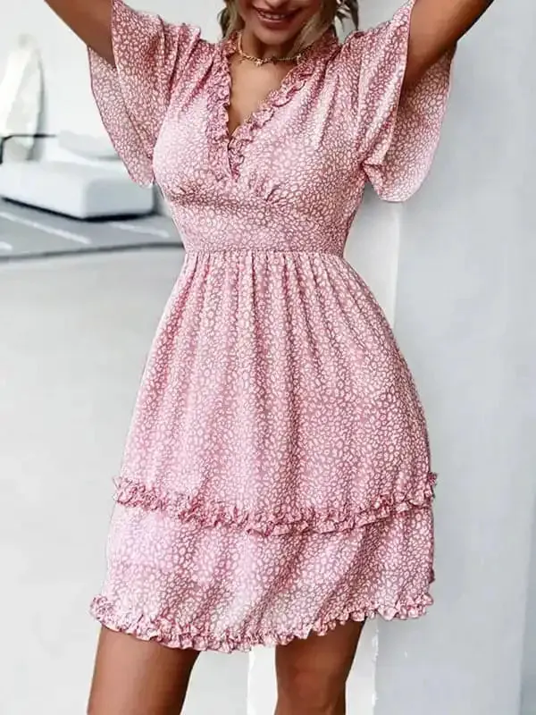 Women’s Floral Print Flutter Sleeve Faux Wrap Mini Dress