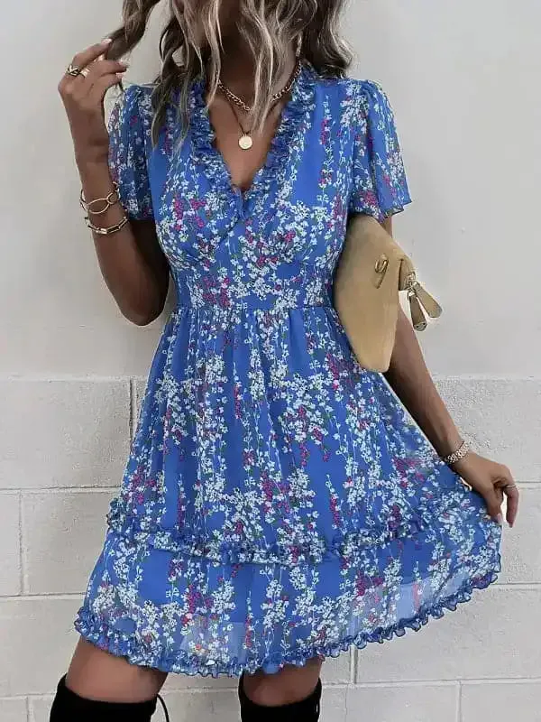 Women’s Floral Print Flutter Sleeve Faux Wrap Mini Dress