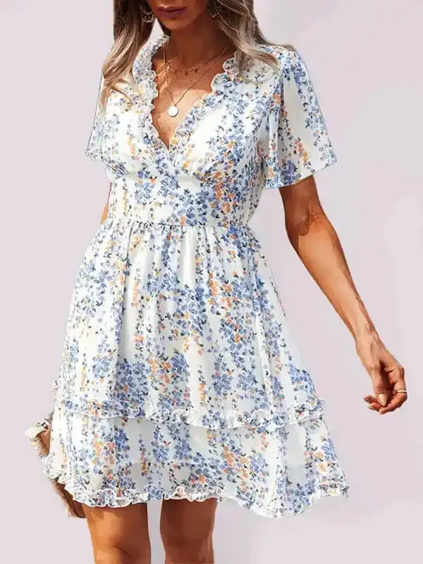 Women’s Floral Print Flutter Sleeve Faux Wrap Mini Dress