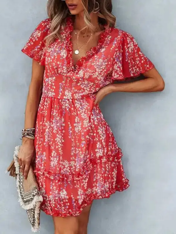 Women’s Floral Print Flutter Sleeve Faux Wrap Mini Dress