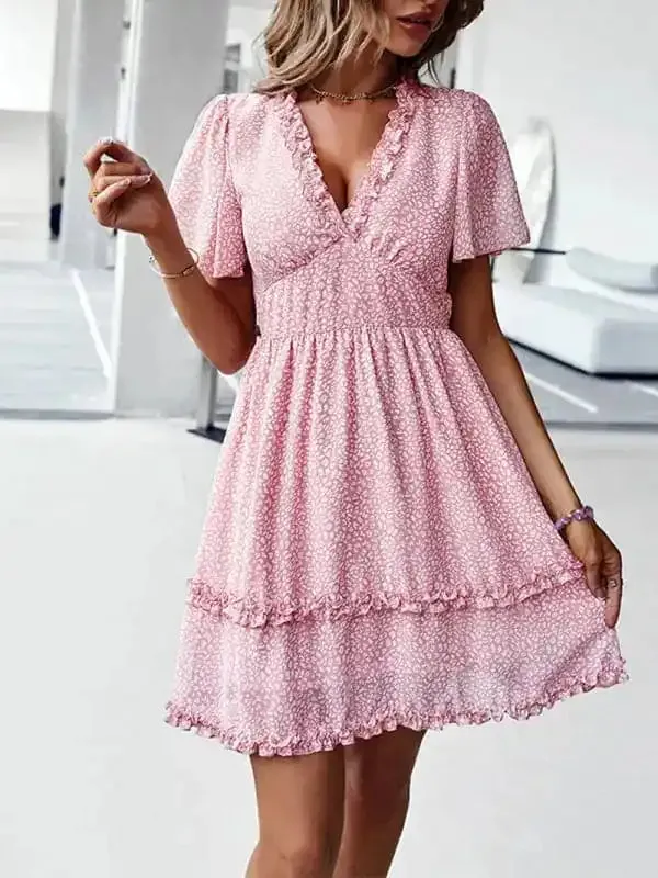 Women’s Floral Print Flutter Sleeve Faux Wrap Mini Dress