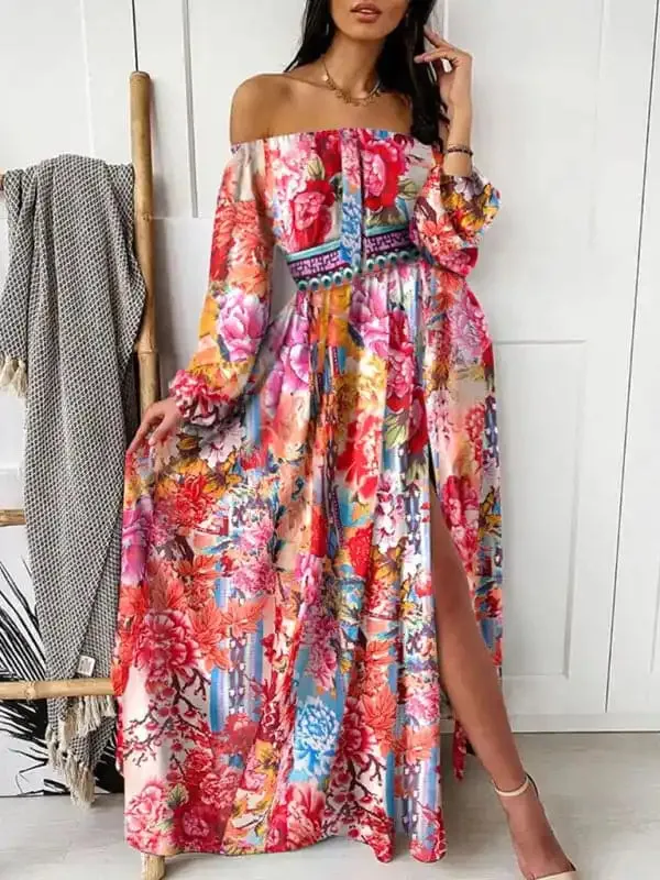 Women’s Floral Print The Shoulder Long Sleeve Maxi Dress