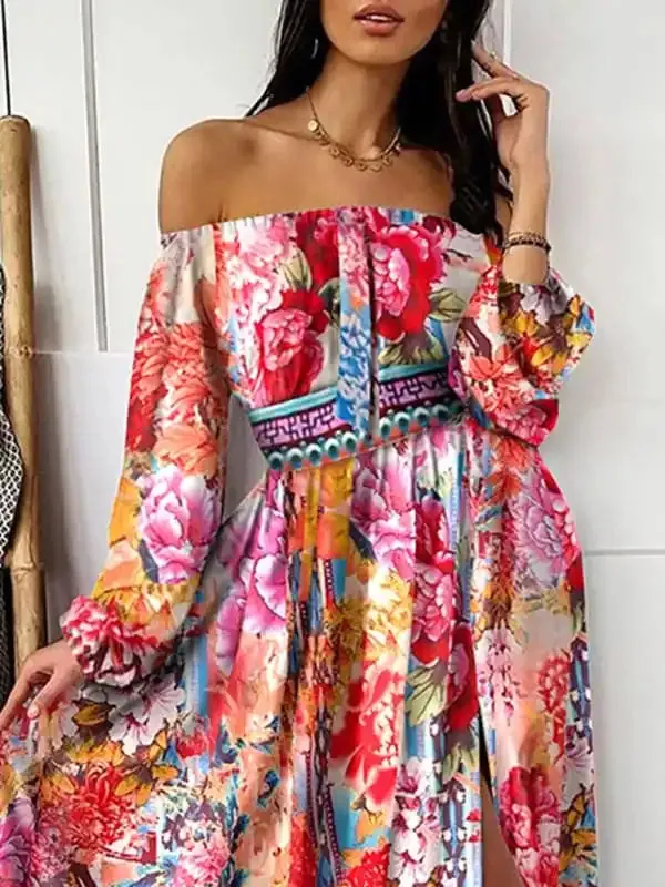 Women’s Floral Print The Shoulder Long Sleeve Maxi Dress