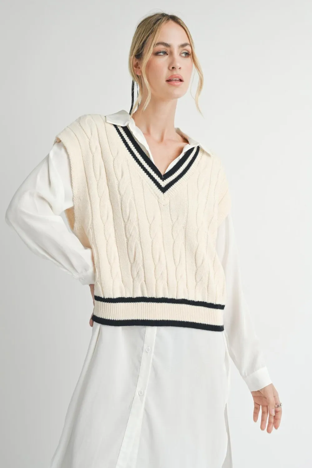 Women's Old Money Cable Knit Sweater Vest Top | Cream White